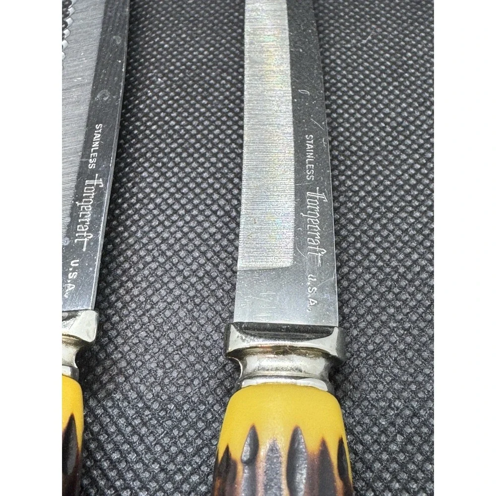 Vintage Forgecraft USA Steak Knives Set of 6 Faux Stag Drip Handle Stainless